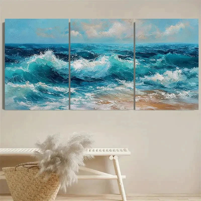 3pcs Ocean Stormy Sea Ocean Beach Wall Art Set Canvas Framed 60x90cm - High Quality Print 100% Australian Made Wall Canvas Ready to Hang