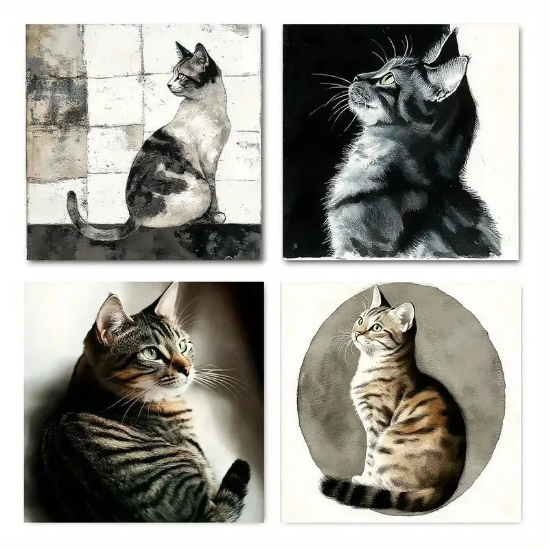 4pcs Modern Cat Art Wall Art Canvas Framed