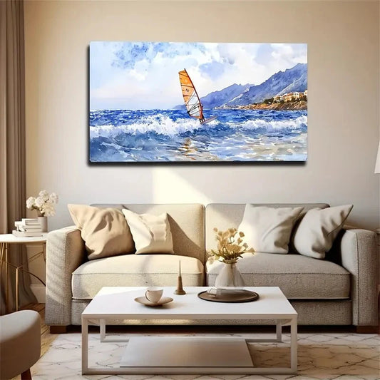White Waves Minimalist Wall Art Canvas Office Home Room Framed 120x60cm.