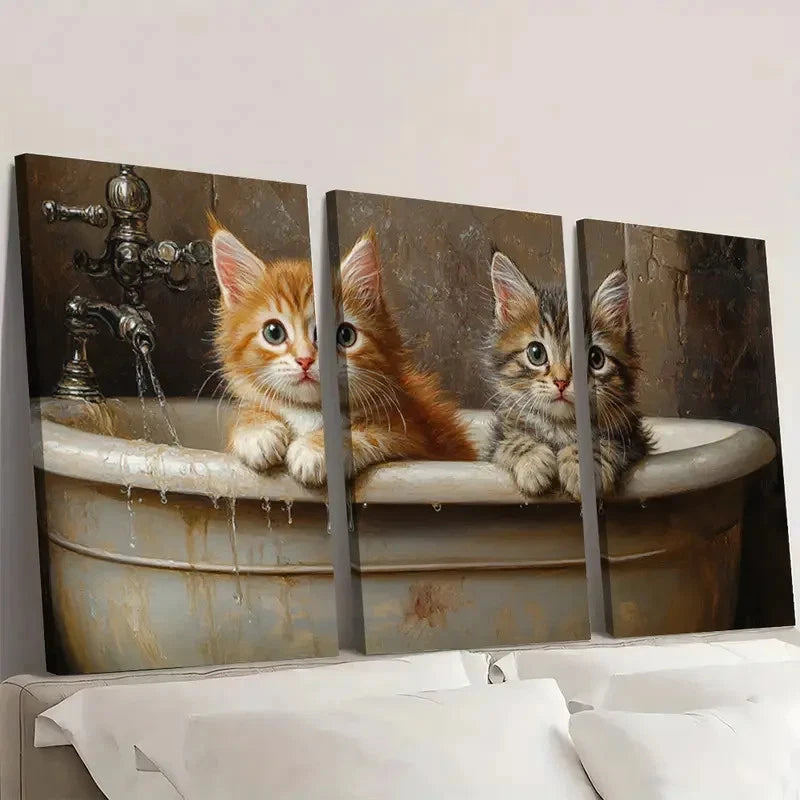 3pcs Adorable Kitten Bathroom Art  Wall Art Set Canvas Framed 50x70cm - High Quality Print 100% Australian Made Wall Canvas Ready to Hang - Bella Home Decor