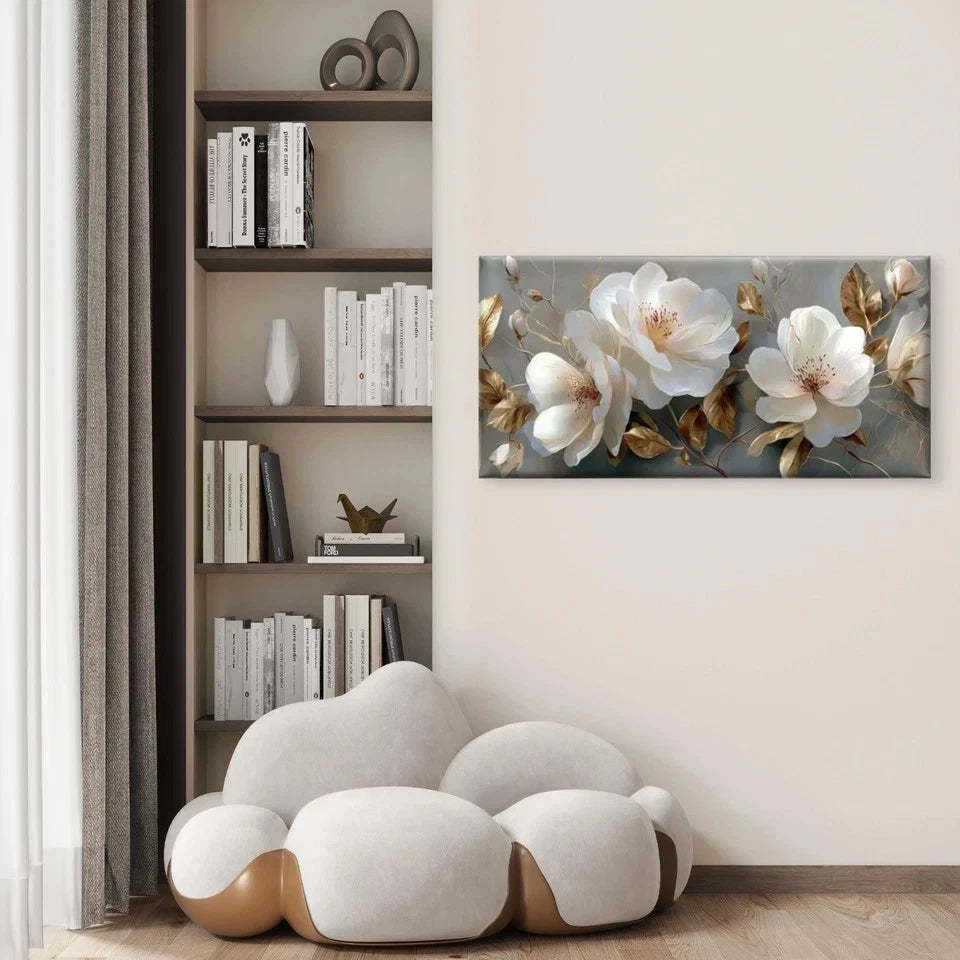 Elegant White & Golden Flowers Wall Art Canvas Office Home Room Framed 120x60cm