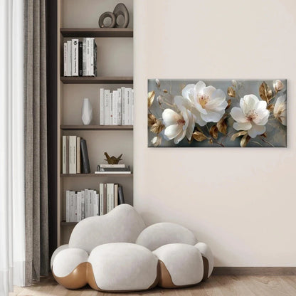 Elegant White & Golden Flowers Wall Art Canvas Office Home Room Framed 120x60cm