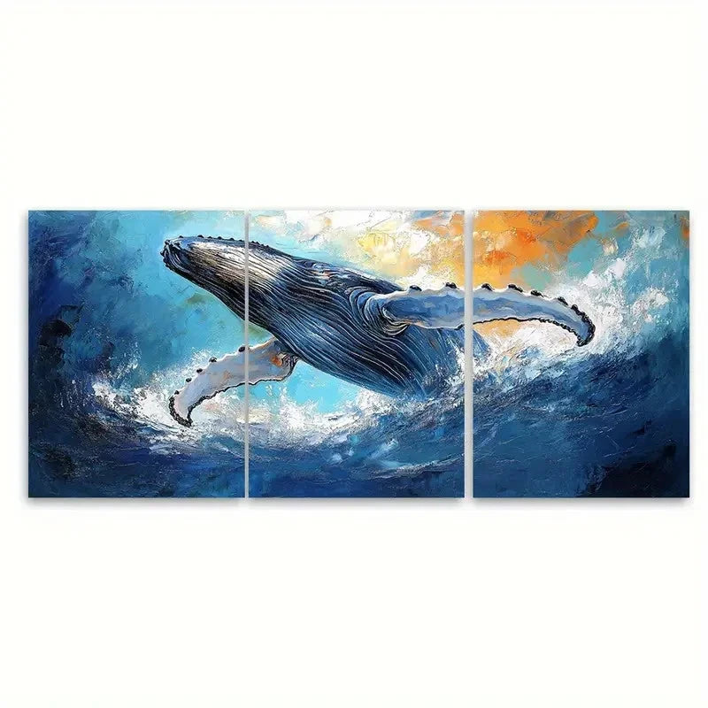 3pcs Humpback Whale Impasto Ocean Design Wall Art Set Canvas Framed 50x70cm - High Quality Print 100% Australian Made Wall Canvas Ready to Hang