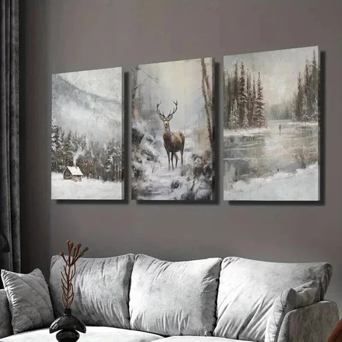 3pcs Retro Winter Landscape & Reindeer Wall Art Canvas Unframed - High Quality Print 100% Australian Made Wall Canvas