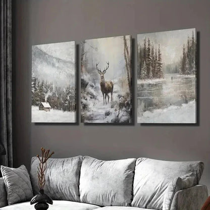 3pcs Retro Winter Landscape & Reindeer Wall Art Canvas Unframed - High Quality Print 100% Australian Made Wall Canvas