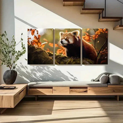 3pcs Cute Red Panda on a Red Leaved Tree Wall Art Canvas Unframed - High Quality Print 100% Australian Made Wall Canvas - Bella Home Decor