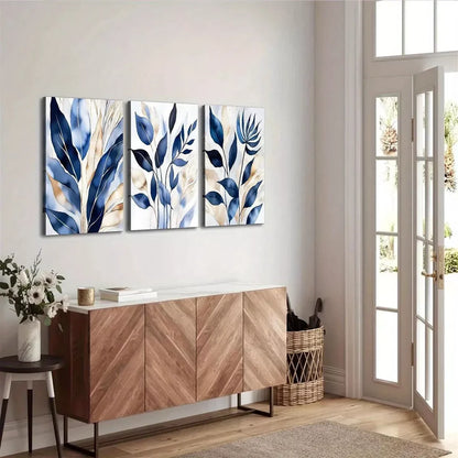 3pcs Botanical Abstract Elegant Blue Leaves Wall Art Set Canvas Unframed - High Quality Print 100% Australian Made Wall Canvas - Bella Home Decor
