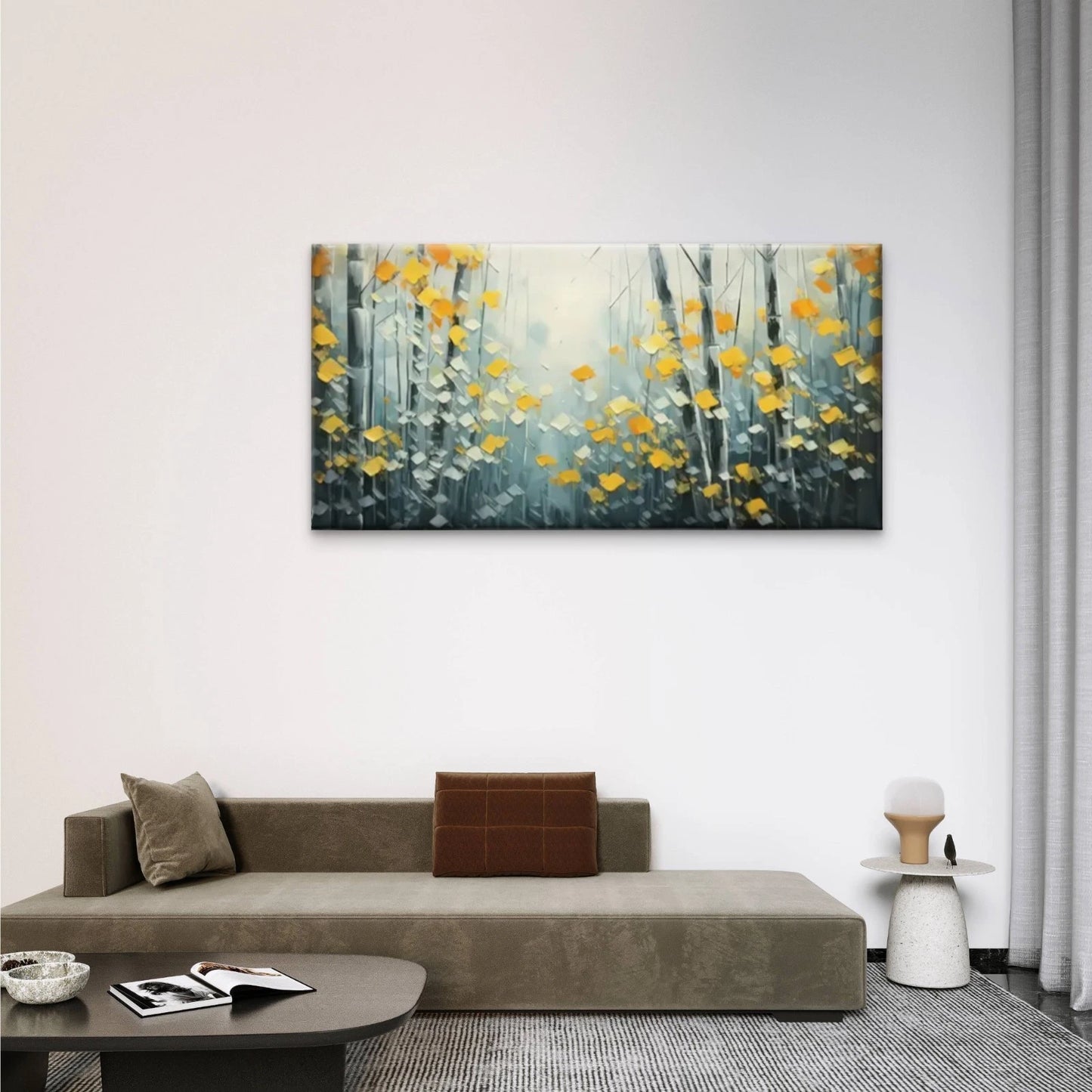 Yellow Leaves Gray Wall Art Canvas Office Home Room Framed 120x60cm