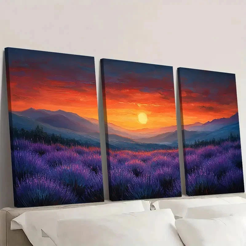 3pcs Pastel Sunset Lavender Field  Hills FG  Wall Art Set Canvas Framed 50x70cm - High Quality Print 100% Australian Made Wall Canvas Ready to Hang