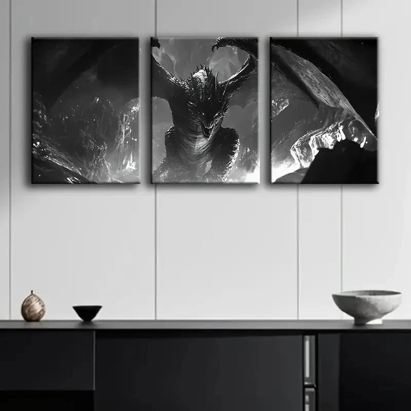 3pcs Black Dragon Wings Painting Metal Print Ready to Hang Art - Bella Home Decor