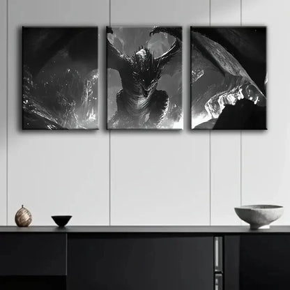 3pcs Black Dragon Wings Painting Metal Print Ready to Hang Art - Bella Home Decor
