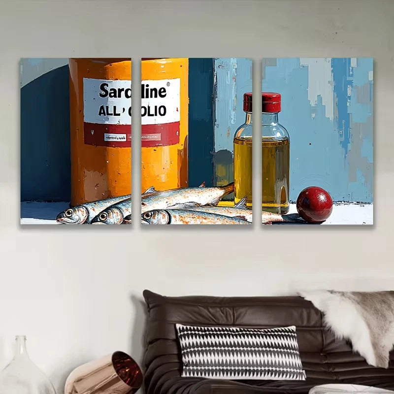 3pcs Vibrant Sardine & Olive Oil Scene Metal Print Ready to Hang Art - Bella Home Decor