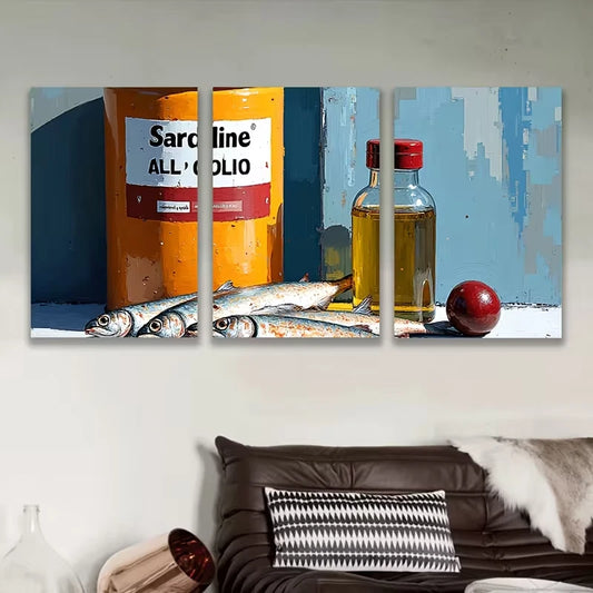 3pcs Vibrant Sardine & Olive Oil Scene Metal Print Ready to Hang Art