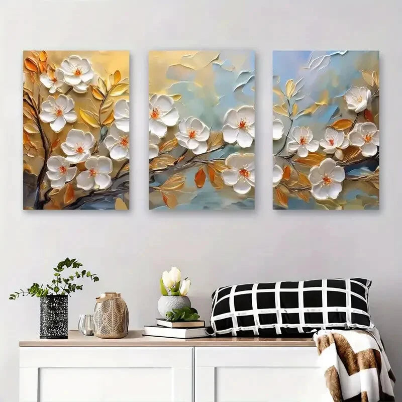 3pcs Elegant 3D Magnolia Flower Floral Metal Print Ready to Hang Art