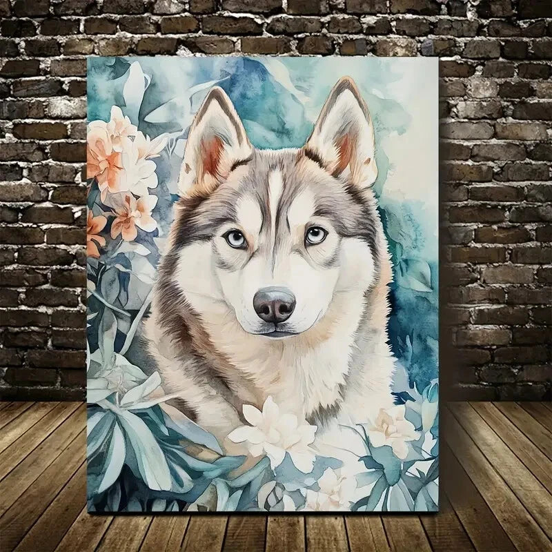 Beautiful Cute Siberian Husky with Flowers Painting 40x60cm Metal Print Ready to Hang - Bella Home Decor