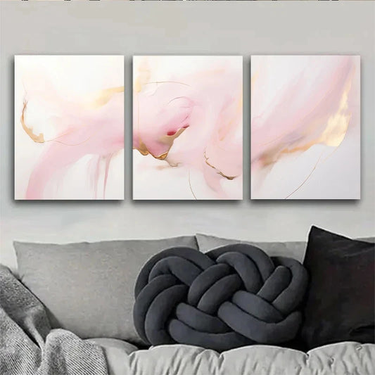 3pcs Elegant Blush & Golden Abstract Metal Print Ready to Hang Art - Bella Home Decor