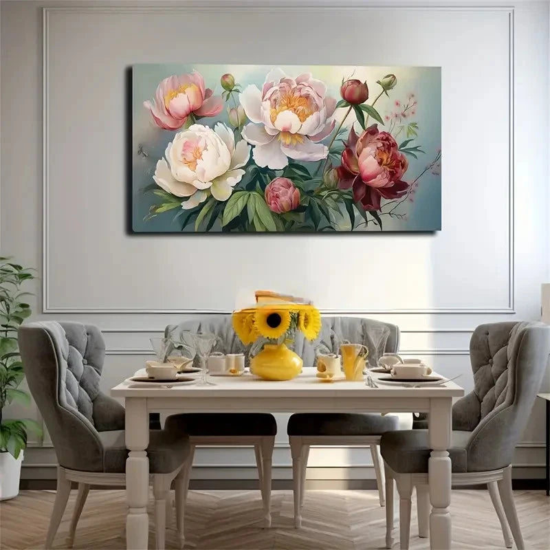 Vibrant Peonies & Roses Wall Art Canvas Office Home Room Framed 120x60cm