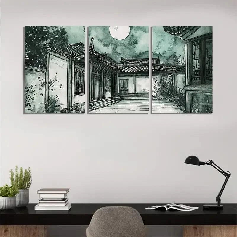 3pcs Chinese Courtyard Under the Northern Wall Art Canvas  Framed 60x90cm - High Quality Print 100% Australian Made Wall Canvas Ready to Hang - Bella Home Decor