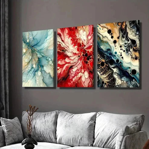 3pcs Blue Red and Black Abstract Fluid Texture Wall Art Set Canvas Unframed - High Quality Print 100% Australian Made Wall Canvas - Bella Home Decor