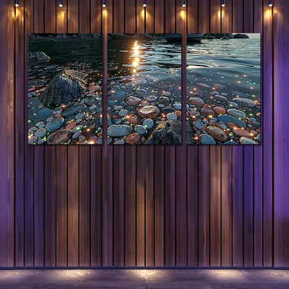 3pcs Pale Blue Beach Scene with Glowing Stones Wall Art Set Canvas Framed 50x70cm - High Quality Print 100% Australian Made Wall Canvas Ready to Hang