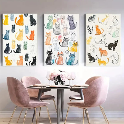 3pcs Cat Cartoon Colorful Cat Illustrations    Wall Art Canvas Framed 40x60cm - High Quality Print 100% Australian Made Wall Canvas Ready to Hang - Bella Home Decor