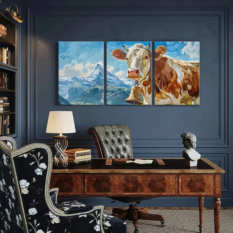3pcs Brown & White Cow with Bell Mountain LandscapeMetal Print Ready to Hang Art - Bella Home Decor