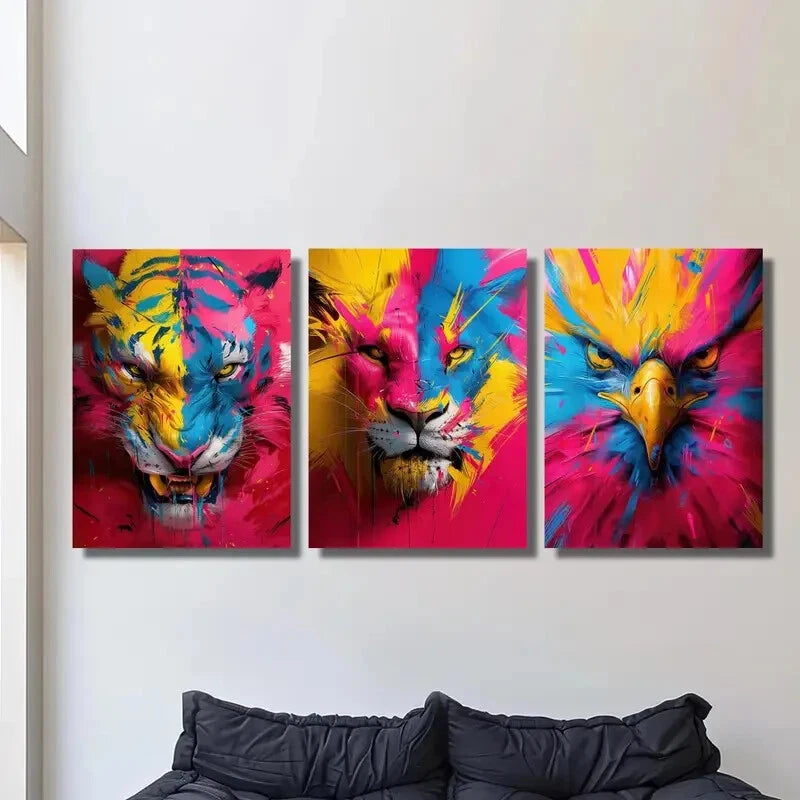 3pcs Vibrant Tiger & Lion Colorful Abstract Metal Print Ready to Hang Art