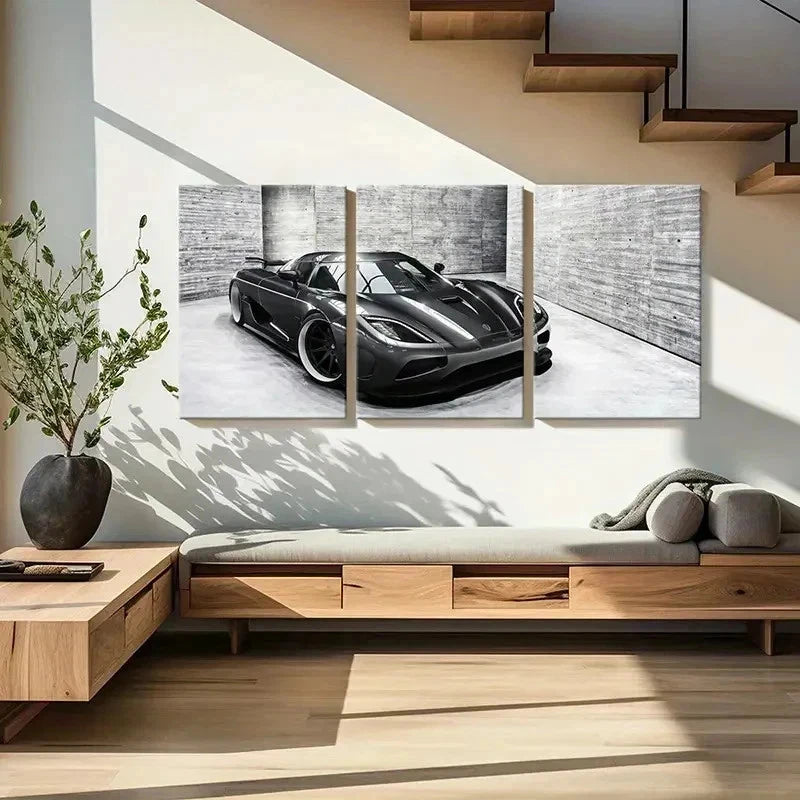 3pcs Modern Black Super Car in the Snow Wall Art Set Canvas Framed 60x90cm - High Quality Print 100% Australian Made Wall Canvas Ready to Hang