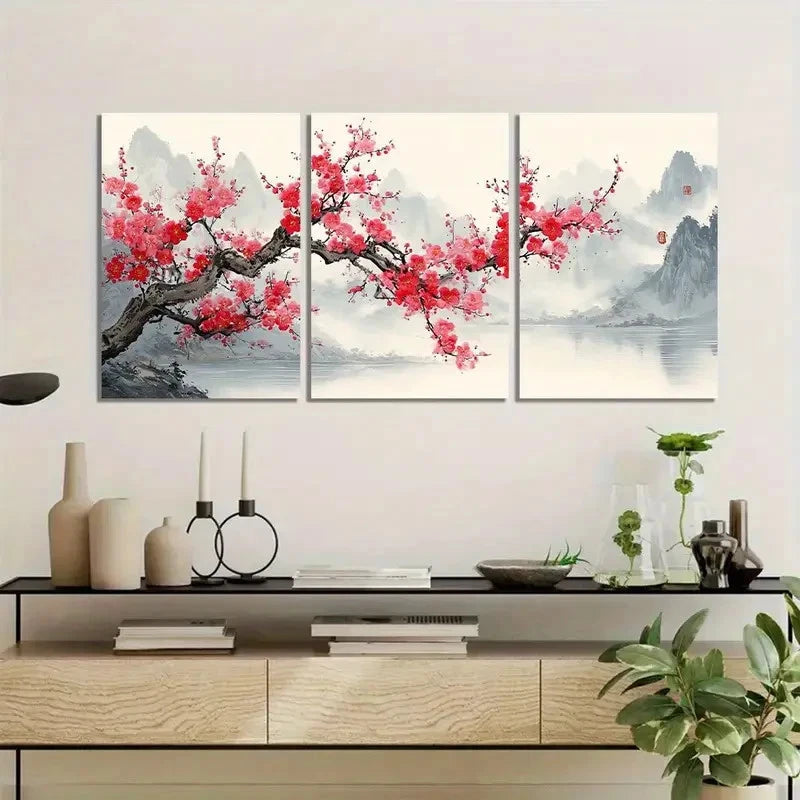 3pcs Plum Blossom Tree with Pink Flowers Metal Print Ready to Hang Art - Bella Home Decor