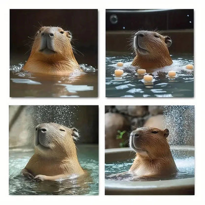 4pcs Capybara Bath Time Picture Wall Art Canvas Framed