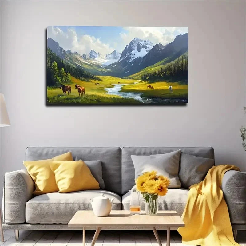 River Grazing Animals Wall Art Canvas Office Home Room Framed 120x60cm