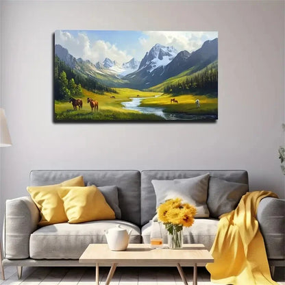 River Grazing Animals Wall Art Canvas Office Home Room Framed 120x60cm