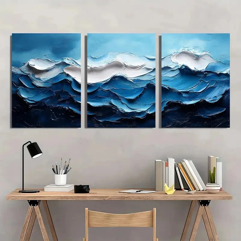 3pcs Abstract Blue Seascape Oil Paintings Metal Print Ready to Hang Art - Bella Home Decor