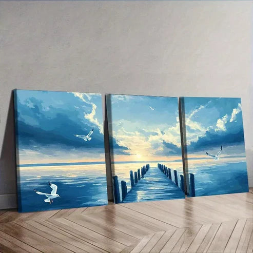 3 PCS Seagulls Over Harbor Nature Wall Art Set Canvas Unframed - High Quality Print 100% Australian Made Wall Canvas