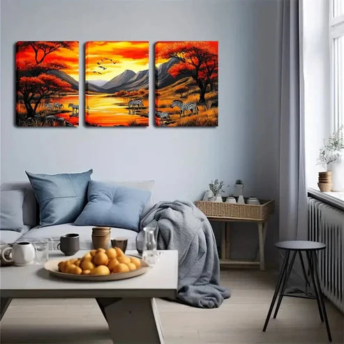 3pcs Zebras Acacia Trees & Mountain Wall Art Canvas Unframed - High Quality Print 100% Australian Made Wall Canvas
