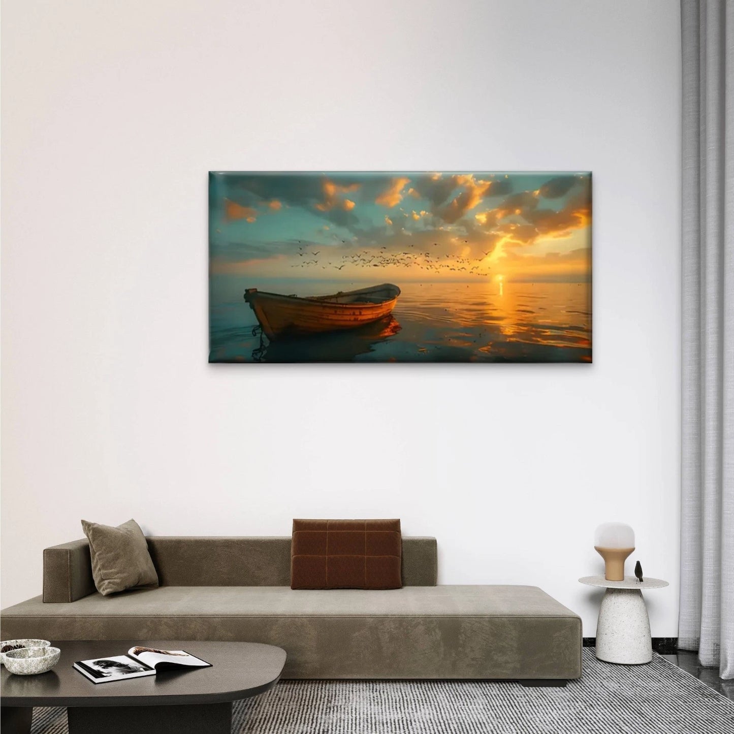 Sunset Boat Ocean Skyline Wall Art Canvas Office Home Room Framed 120x60cm