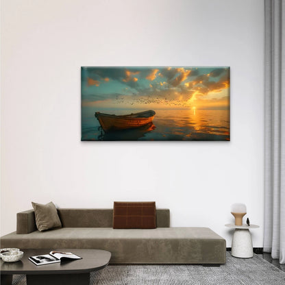 Sunset Boat Ocean Skyline Wall Art Canvas Office Home Room Framed 120x60cm