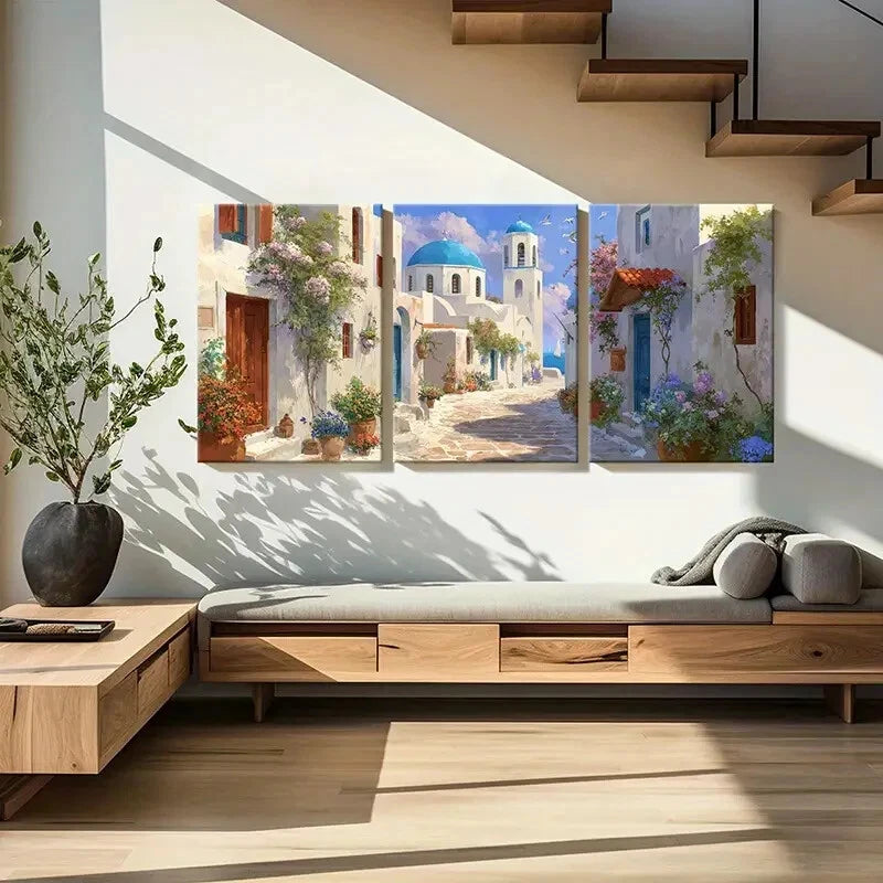 3pcs Mediterranean Village Scene White Buildings Metal Print Ready to Hang Art - Bella Home Decor