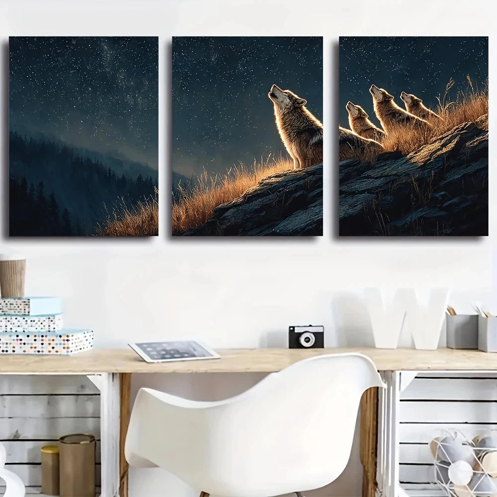 3pcs Starry Sky on a Grassy Ridge Metal Print Ready to Hang Art