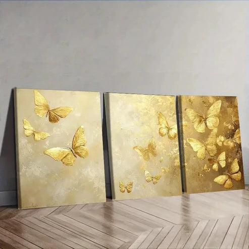 3pcs Butterfly Oil Painting in Gold Leaf Wall Art Canvas Unframed - High Quality Print 100% Australian Made Wall Canvas - Bella Home Decor