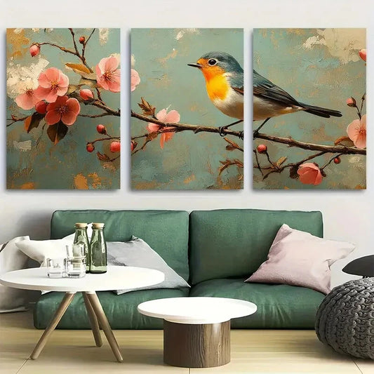 3pcs Botanical Garden Robin Bird Metal Print Ready to Hang Art