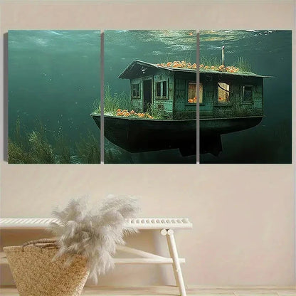 3pcs Submerged Boat with Flowers Wall Art Set Canvas Framed 60x90cm - High Quality Print 100% Australian Made Wall Canvas Ready to Hang