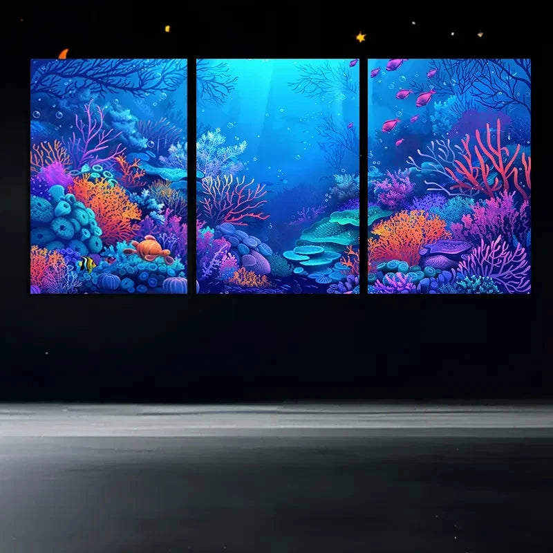 3pcs Vibrant Marine Organisms Illustration Metal Print Ready to Hang Art - Bella Home Decor
