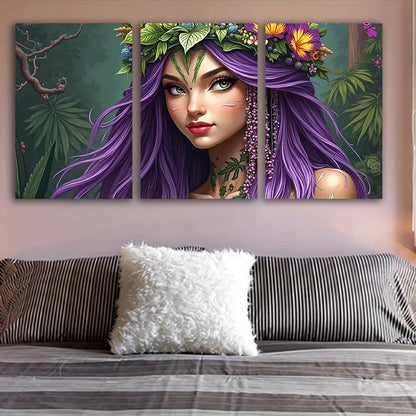 3pcs Vibrant Purple Haired Woman with Floral Wall Art Set Canvas Framed 60x90cm - High Quality Print 100% Australian Made Wall Canvas Ready to Hang