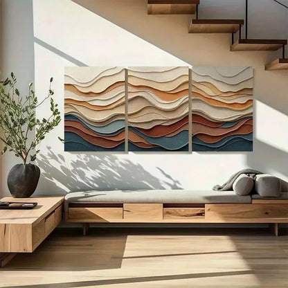 3pcs Sculptural Earth Layer in Beige Rust & Blue Metal Print Ready to Hang Art