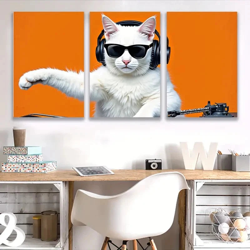 3pcs Turkish Angora cat with Fashion Glasses  Wall Art Set Canvas Framed 40x60cm - High Quality Print 100% Australian Made Wall Canvas Ready to Hang - Bella Home Decor