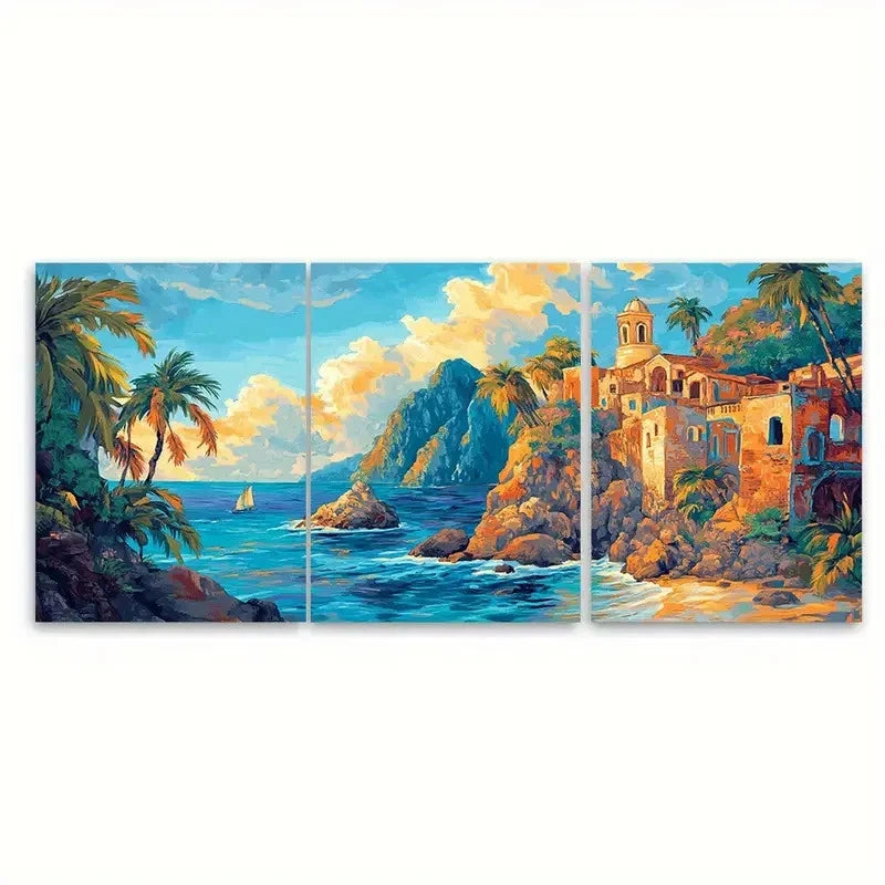 3pcs Serene Beach View Landscape Mexico Travel Wall Art Set Canvas Framed 50x70cm - High Quality Print 100% Australian Made Wall Canvas Ready to Hang