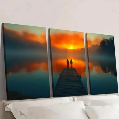 3pcs Dockside Serene Figures Over Water Q  Wall Art Set Canvas Framed 50x70cm - High Quality Print 100% Australian Made Wall Canvas Ready to Hang - Bella Home Decor