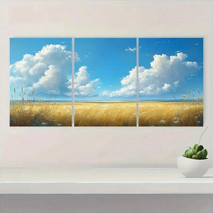 3pcs White Cloudy Blue Sky & Golden Wheat Metal Print Ready to Hang Art - Bella Home Decor