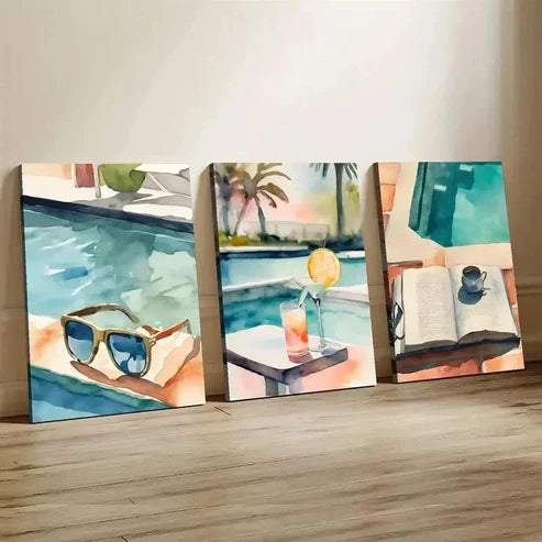3pcs Swimming Pool Roostertail Wall Art Canvas Unframed - High Quality Print 100% Australian Made Wall Canvas